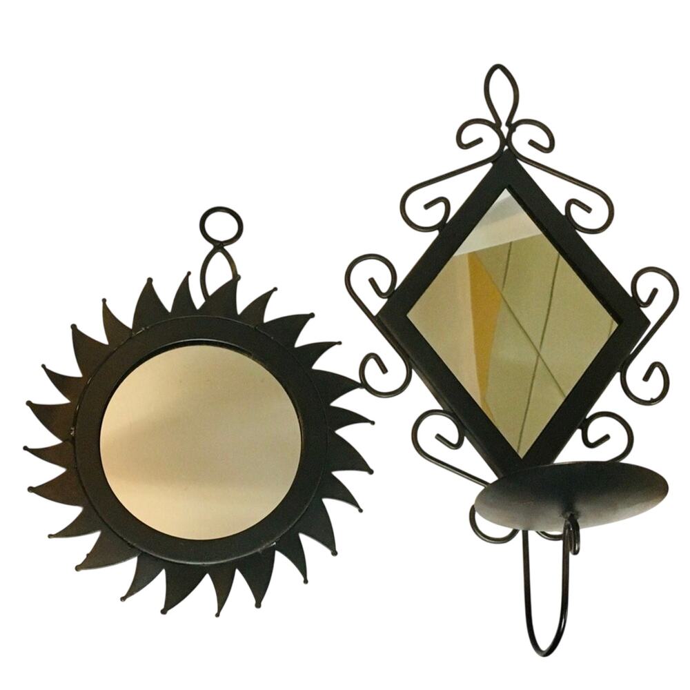 Set of Decorative Wall Sconce Pillar Candleholder and a Small Mirror